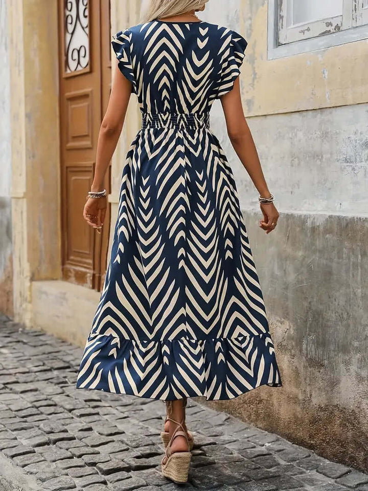Women's Chevron Print Wrap Dress: V-Neck, Flutter Sleeves