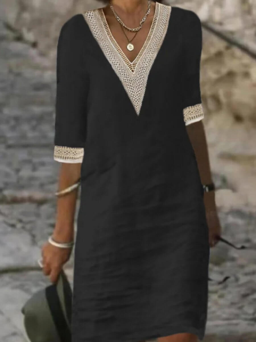 Women's Summer Dress: Relaxed Fit, V-Neck, 3/4 Sleeve