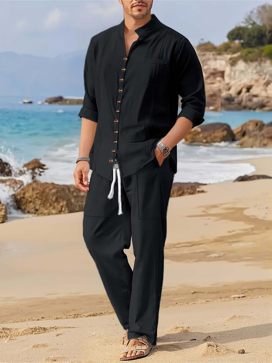 Men's Relaxed-Fit Beachwear Set: Linen Shirt & Drawstring Trousers
