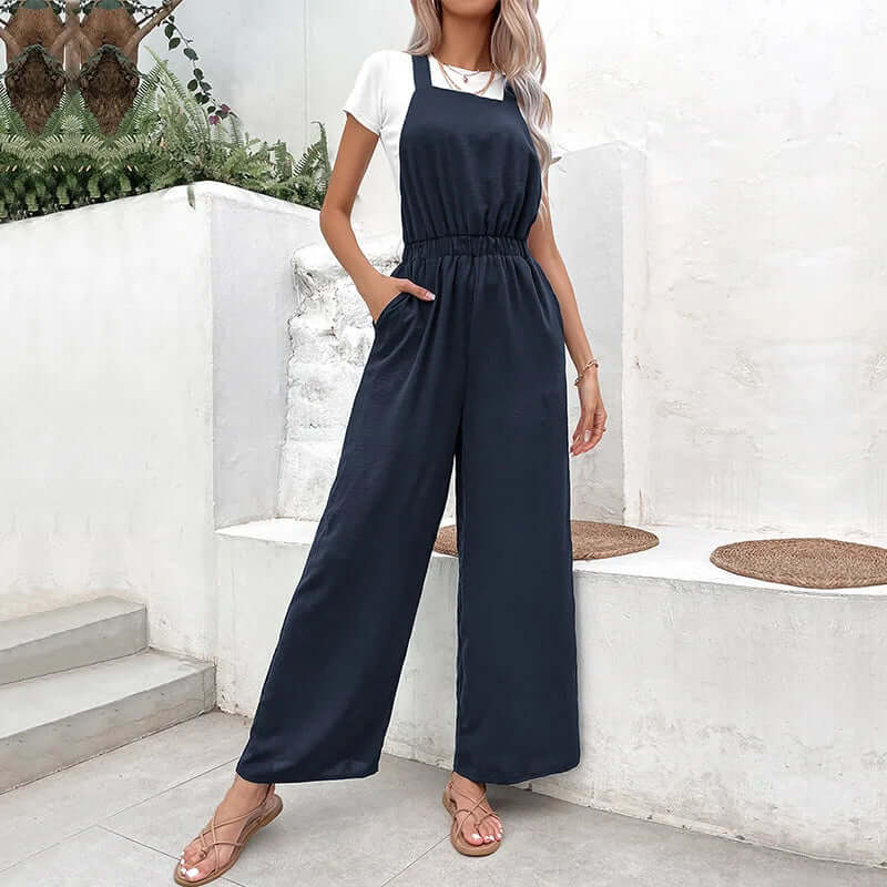 Women's Wide-Leg Elastic Waist Jumpsuit with Pockets