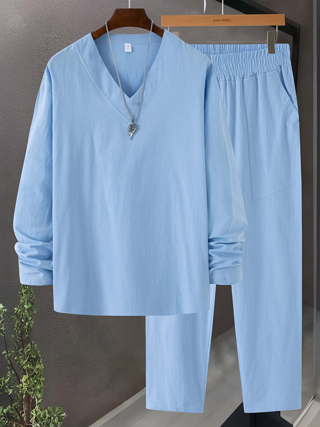 Men's Relaxed-Fit Loungewear Set: V-Neck Top & Trousers