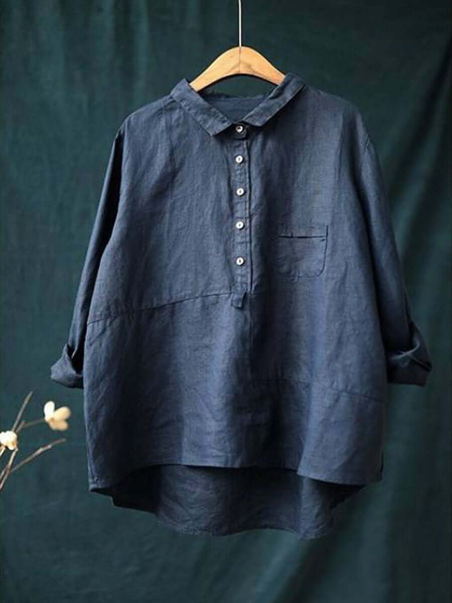 Women's Cotton Linen Long Sleeve Shirt - Relaxed Fit Lapel Neck Top