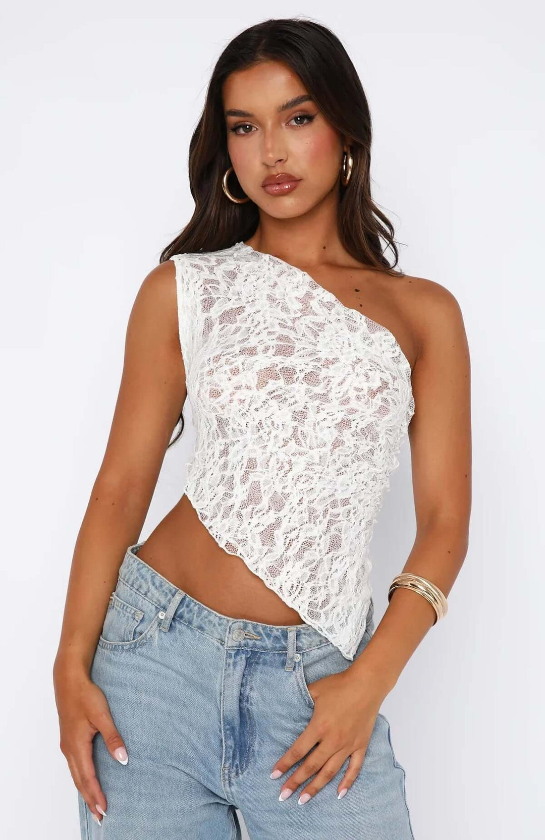 Elegant One-Shoulder Lace Top with Asymmetrical Hem
