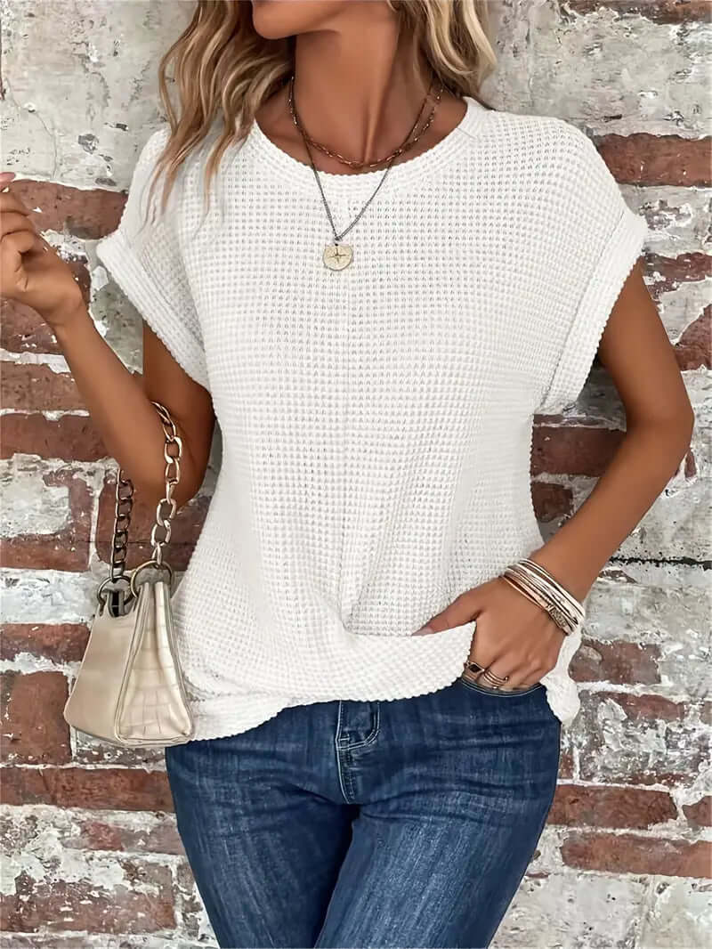 Lightweight Breathable Cotton Blend Top - Casual Round Neck Short Sleeve