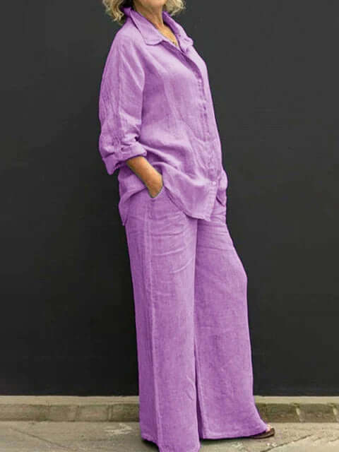 Women's Relaxed Fit Two-Piece Outfit: Shirt & Wide Leg Trousers
