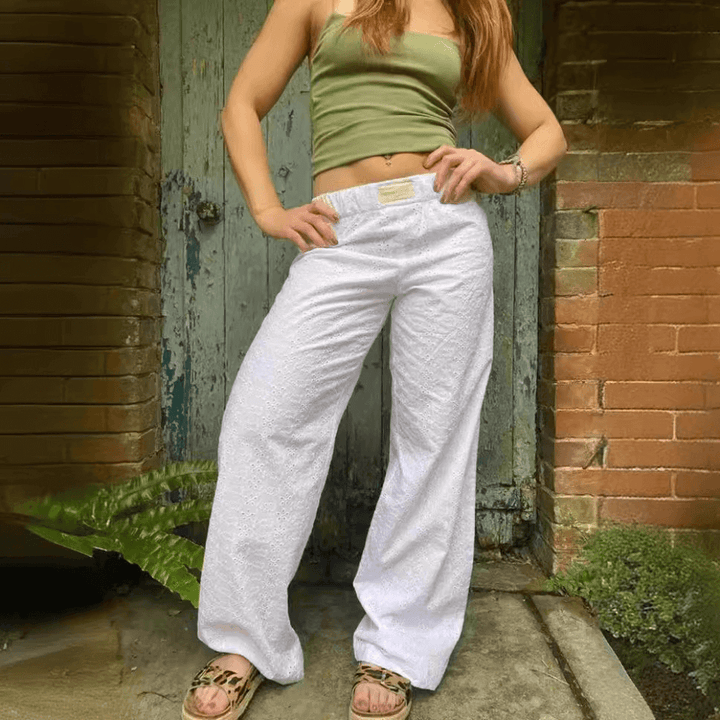 Women's Wide Leg Summer Pants: Eyelet Detail High-Rise Pull-On