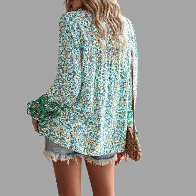 Women's Bohemian Long Sleeve V-Neck Blouse