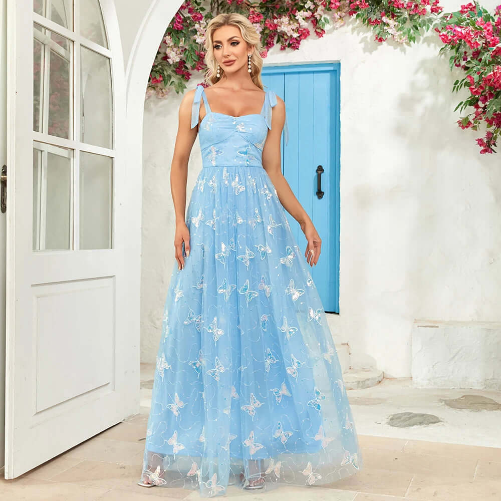 Elegant A-Line Evening Gown with Butterfly Embroidery