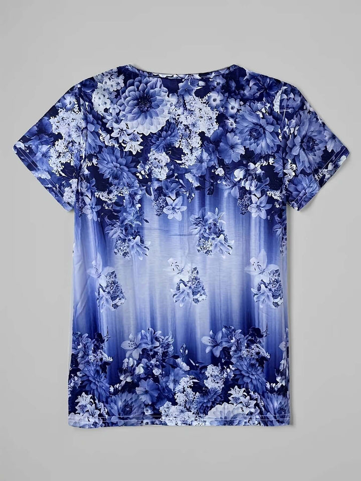Women's Floral V-Neck Blouse, Relaxed Fit, Short Sleeves