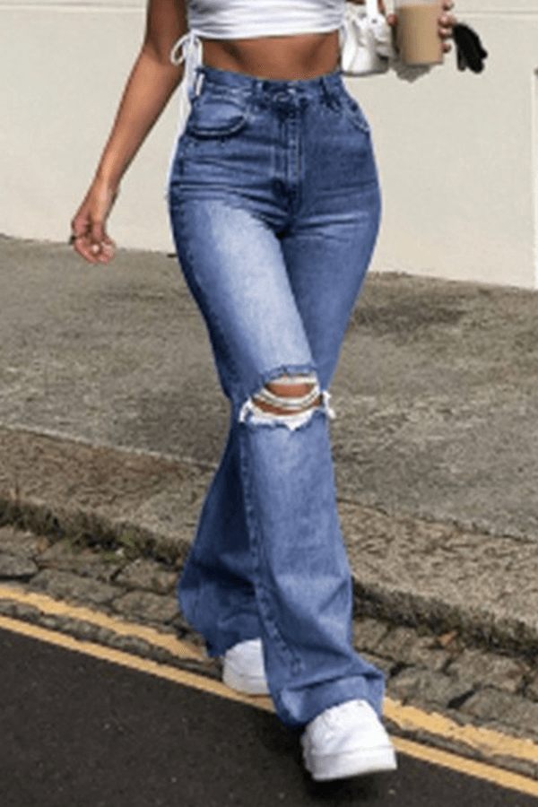 Women's High-Waisted Wide Leg Jeans with Ripped Detail