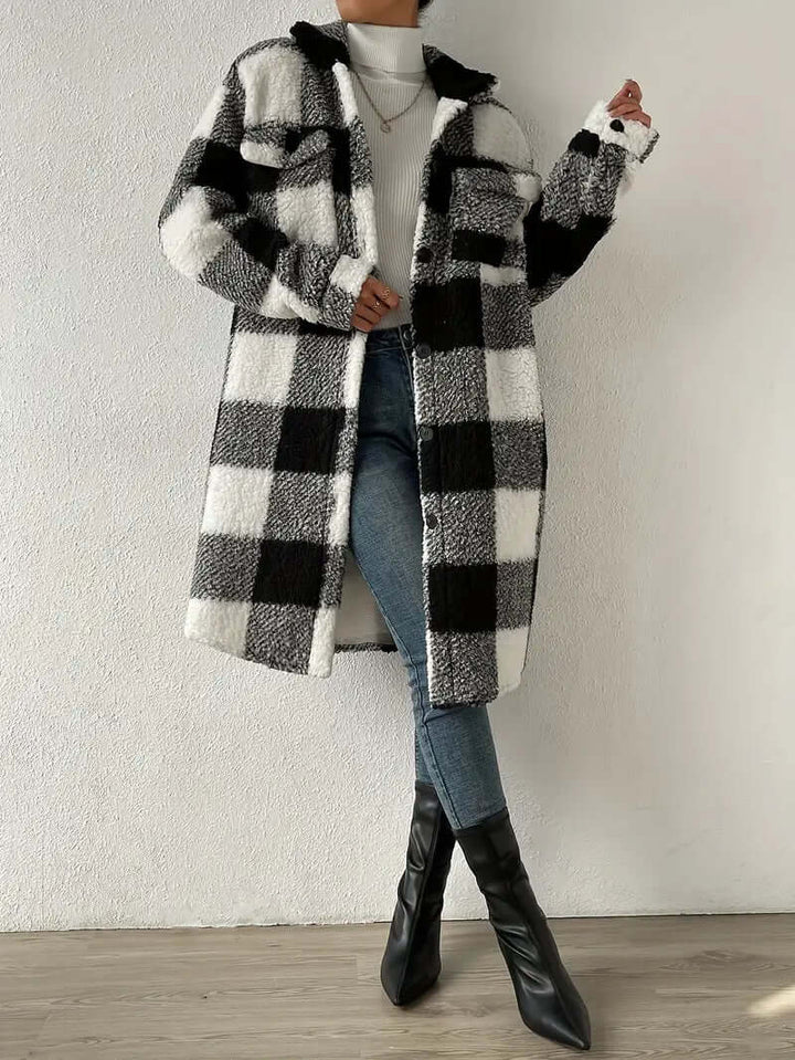 Women's Long Sleeve Checked Coat: Stylish & Warm Outerwear