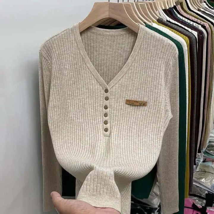 Women's V-Neck Warm Knit Sweater with Button Detail