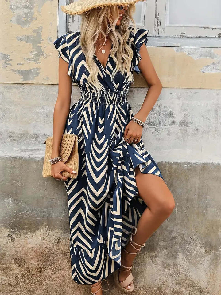 Women's Chevron Print Wrap Dress: V-Neck, Flutter Sleeves
