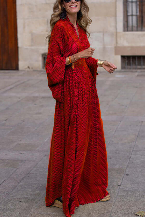 Women's Long Sleeve V-Neck Dress: Loose Fit, Flowy Hem