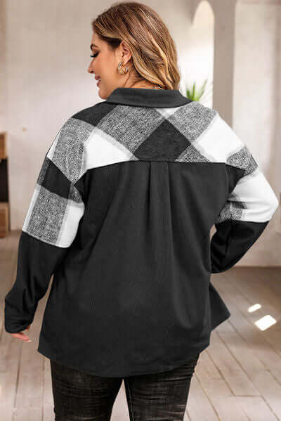 Plus Size Plaid Jacket: Women's Autumn/Winter Button-Front Pocket Jacket