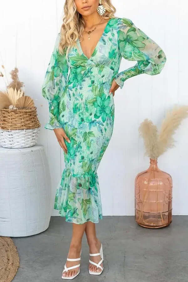 Women's Floral Midi Dress: Fitted, V-Neck, Puff Sleeves