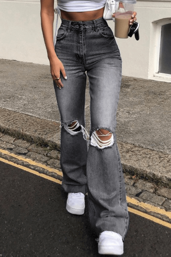 Women's High-Waisted Wide Leg Jeans with Ripped Detail