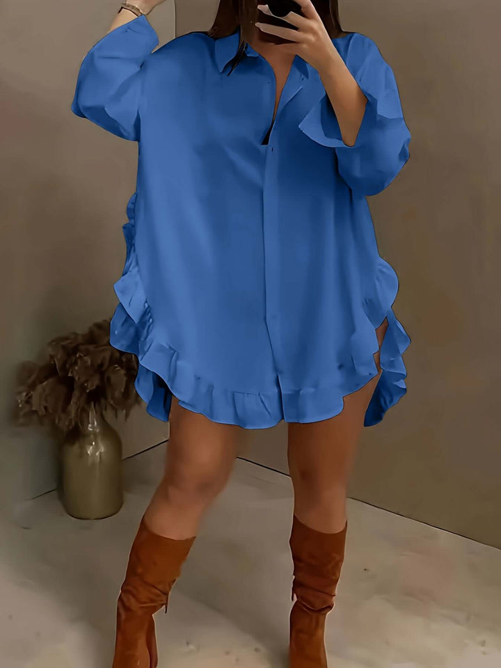 Women's Relaxed Fit Long Sleeve Shirt Dress with Ruffle Hem