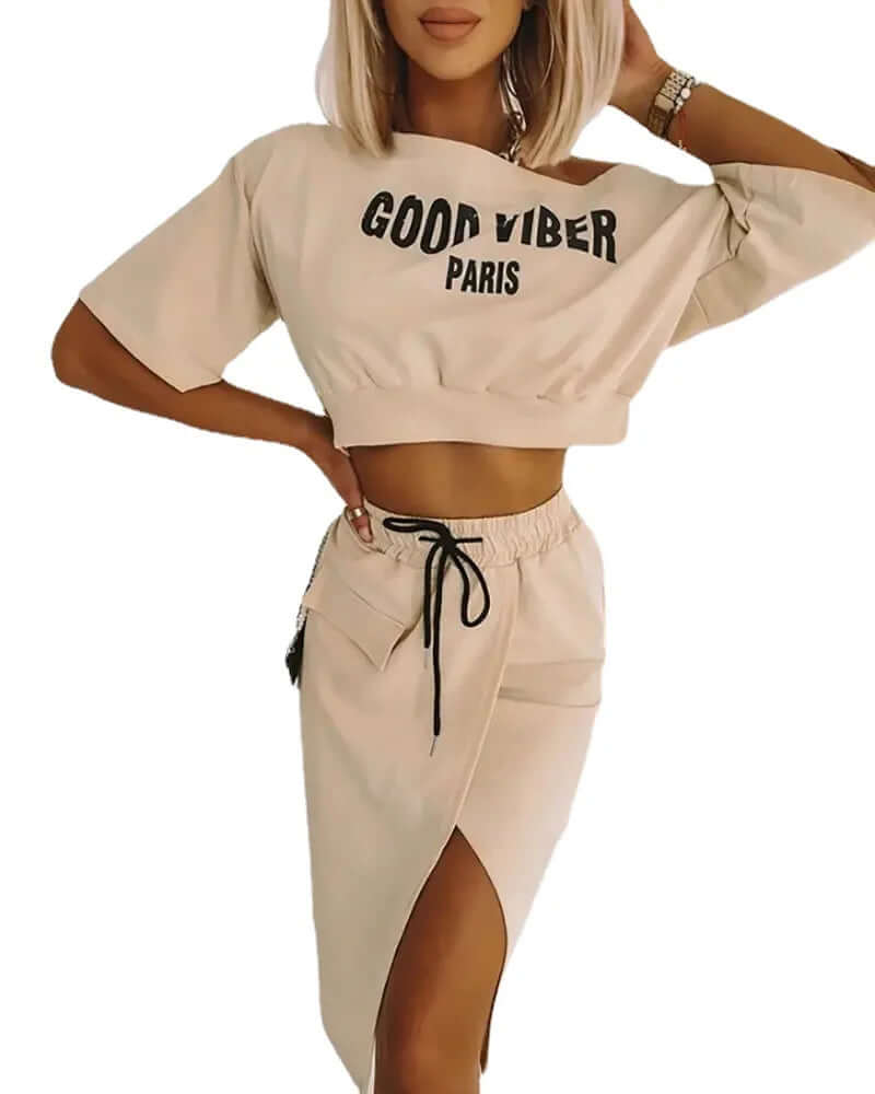 Women's Elegant One-Shoulder Crop Top & High-Split Skirt Set