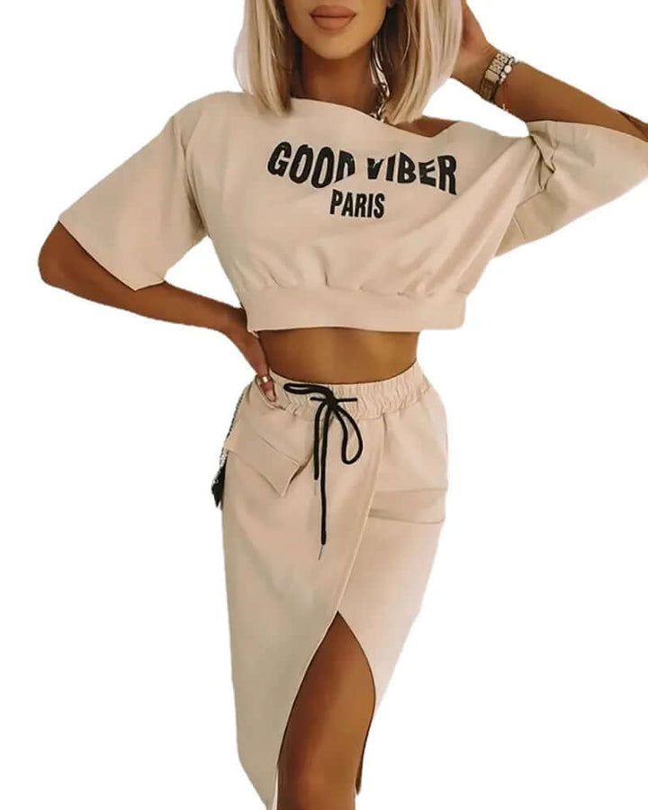 Women's Elegant One-Shoulder Crop Top & High-Split Skirt Set