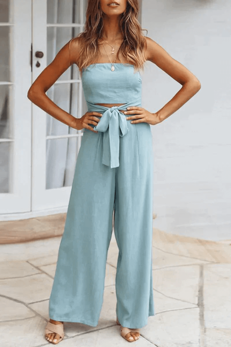Women's Wide Leg Strapless Jumpsuit with Adjustable Waist