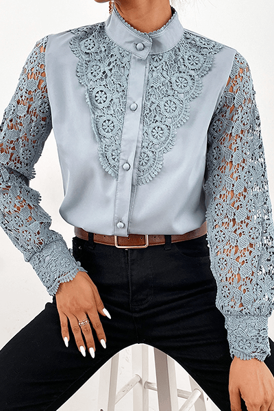 Elegant Lace Cut-Out Mandarin Collar Top