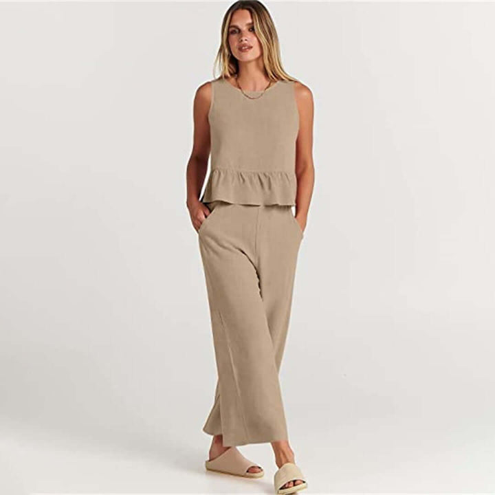 Women's Summer Sleeveless Jumpsuit: Peplum Waist, Wide Leg