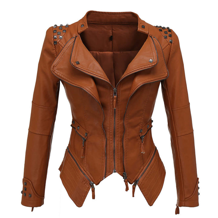 Women's Fitted Biker Leather Jacket with Studded Detail