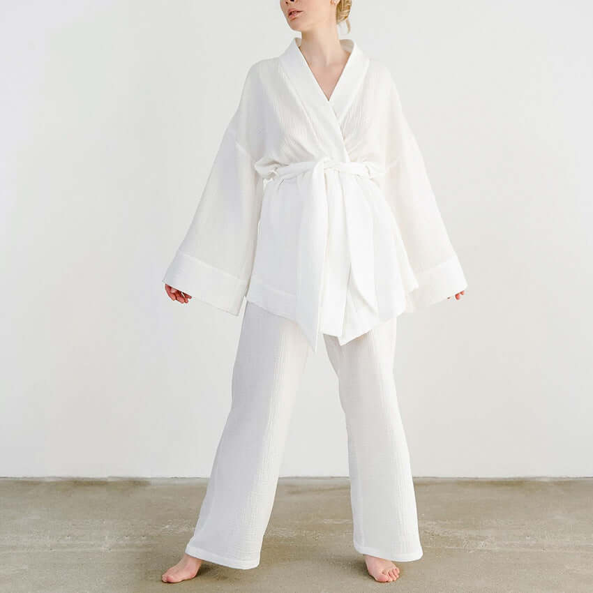 Women's Summer Two-Piece Set: V-Neck Top & Wide Leg Trousers