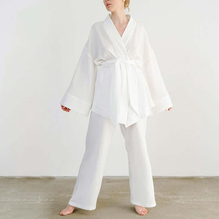 Women's Summer Two-Piece Set: V-Neck Top & Wide Leg Trousers
