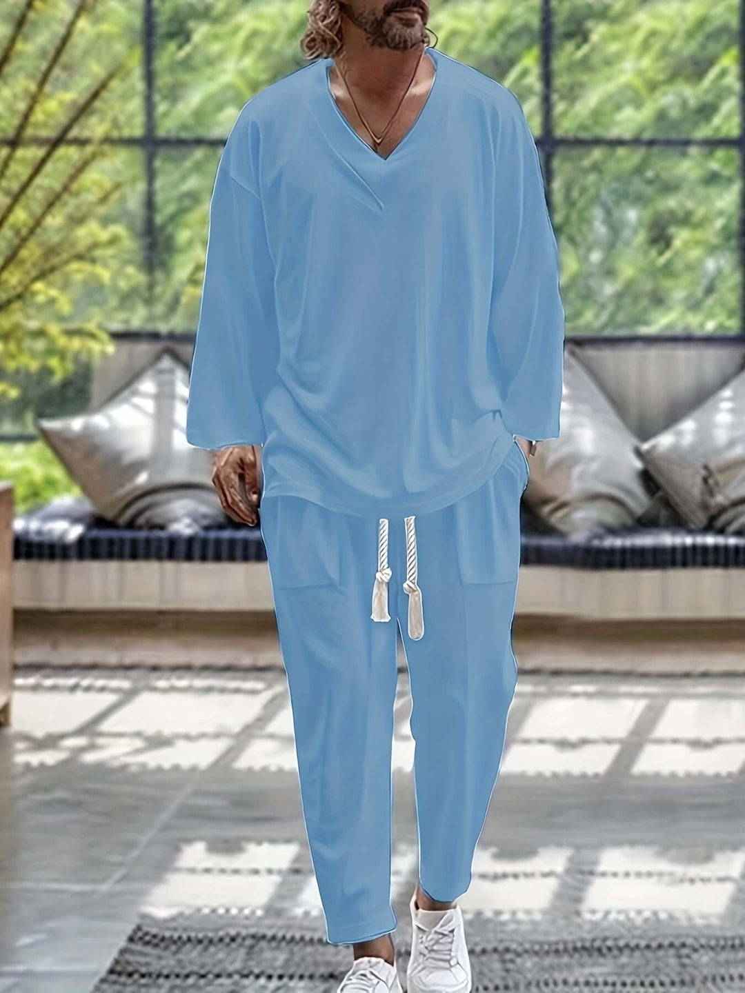 Men's Relaxed-Fit Loungewear Set: V-Neck Top & Trousers