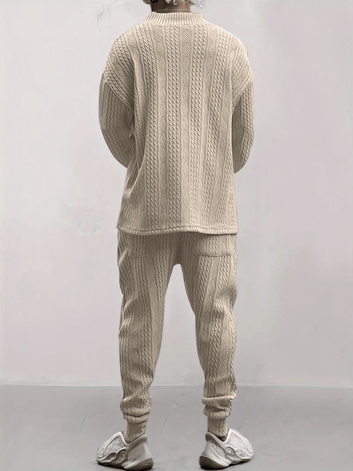 Men's Cable Knit Loungewear Set: V-Neck Top & Drawstring Joggers