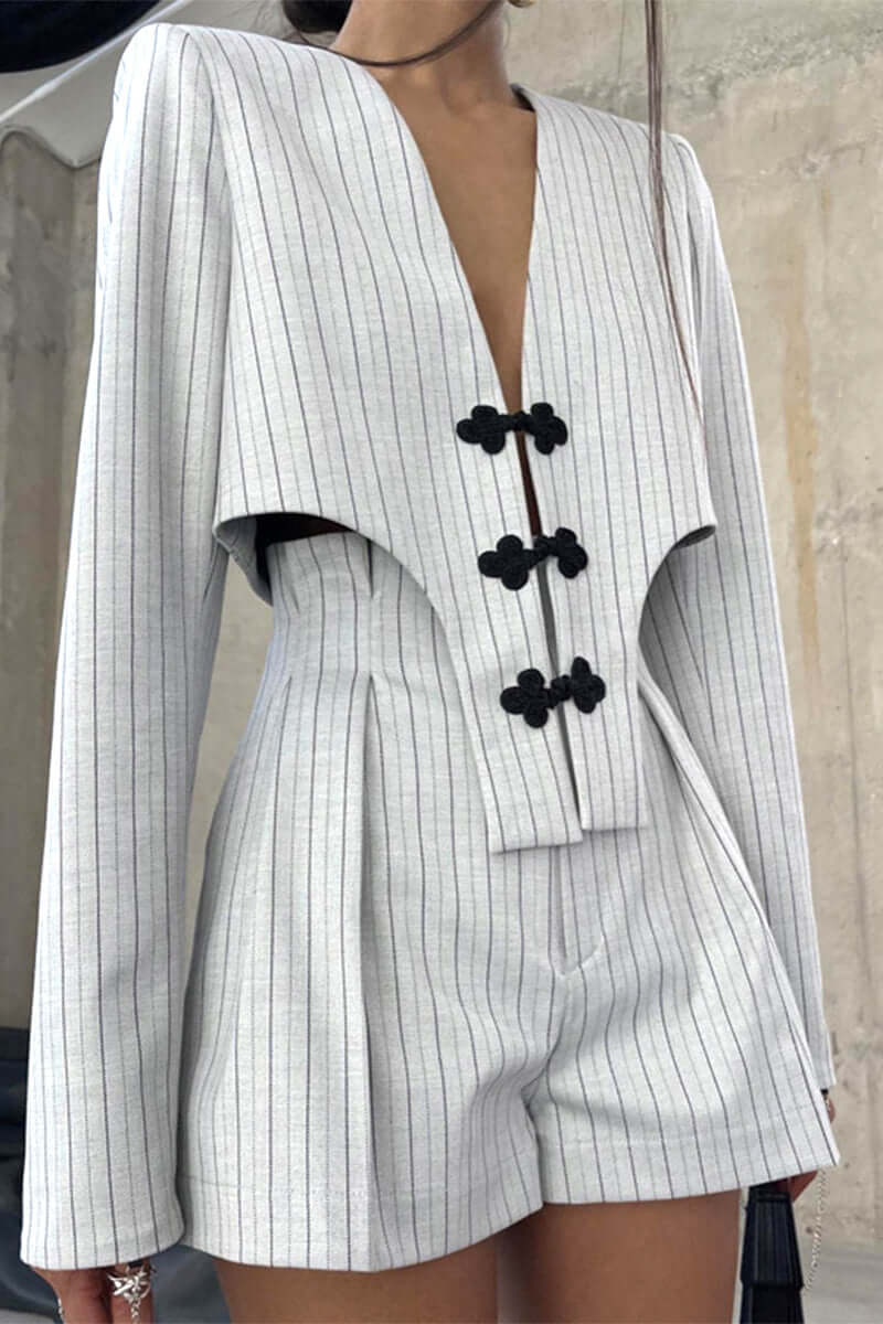 Women's Long-Sleeve V-Neck Top & High-Waist Shorts Set