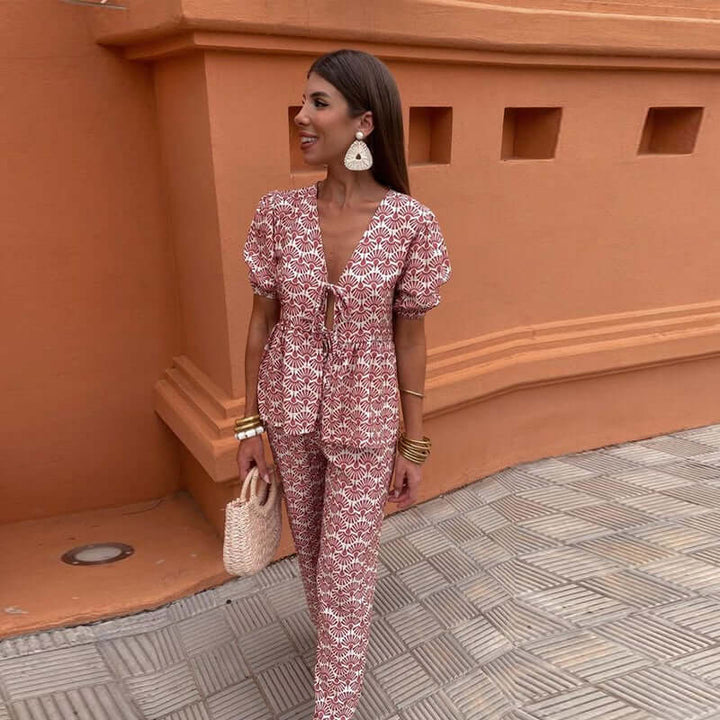 Women's Boho Chic Two-Piece Set: Puff Sleeve Top & Wide Leg Pants
