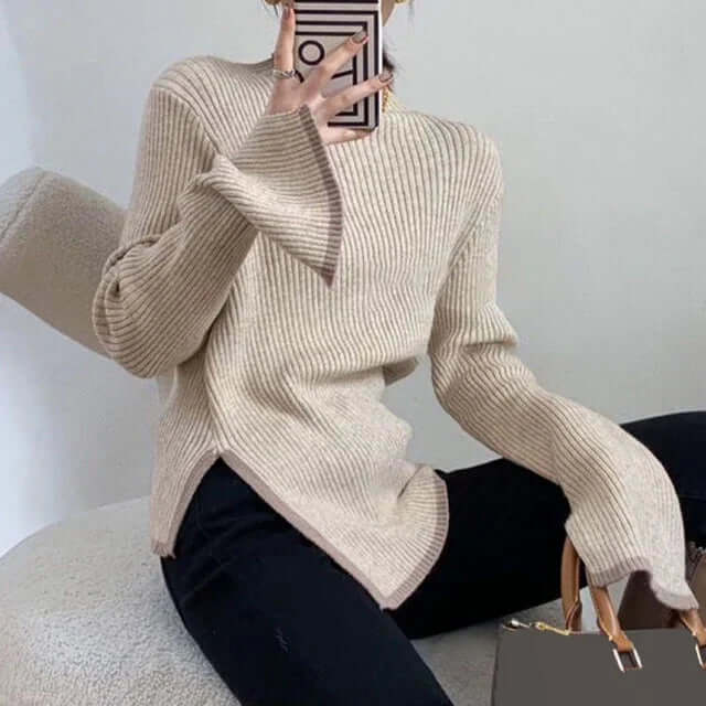 Women's Ribbed Turtleneck Knit Sweater, Long Sleeves, Asymmetric Hem