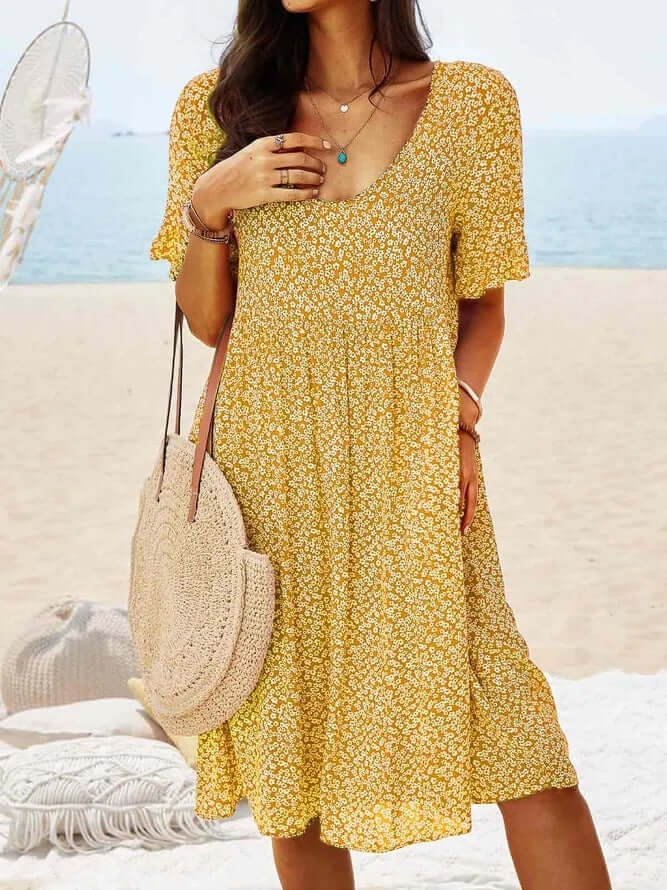 Women's Floral Midi Summer Dress, V-Neck Short Sleeve Relaxed Fit