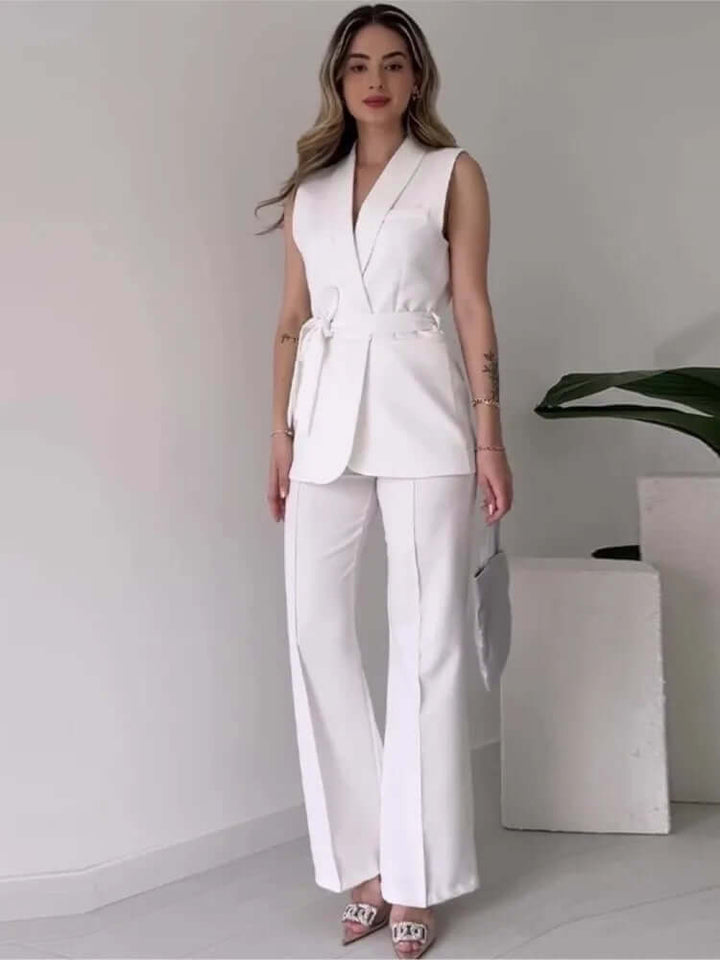 Women's Sleeveless Blazer Suit: Tailored Fit, V-Neck, High-Waisted Trousers