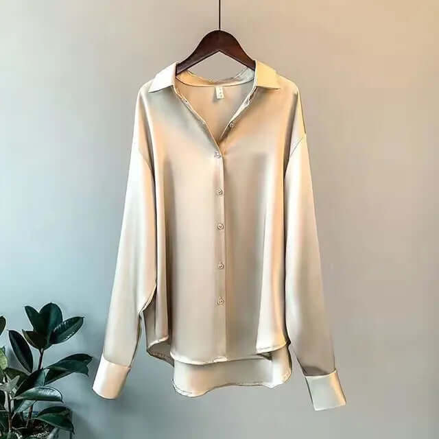 Women's Satin Long-Sleeve Blouse: Relaxed Fit, Button-Down