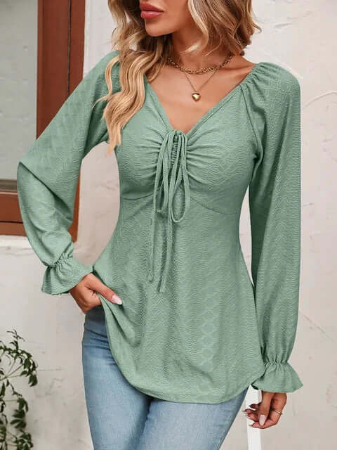 Women's V-Neck Textured Top with Flared Sleeves