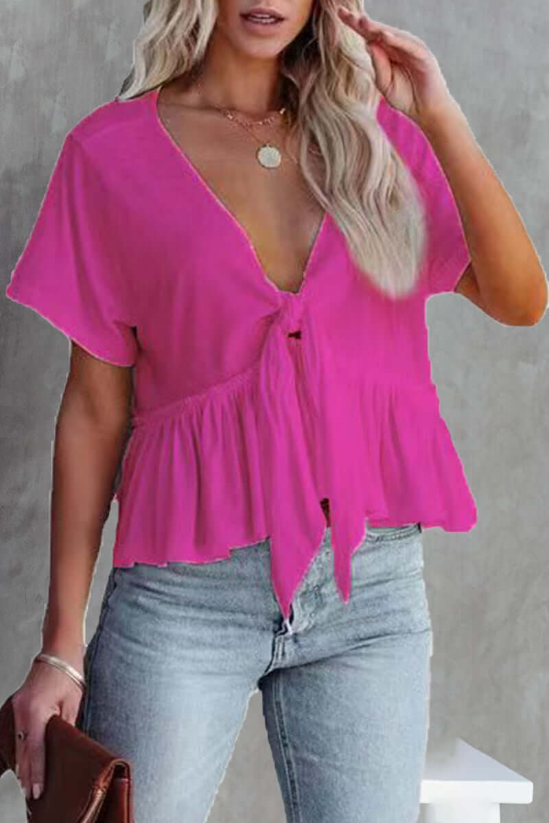 Women's V-Neck Bow Front Blouse - Daily Wear Top