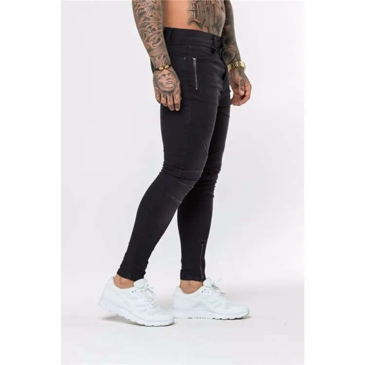 Men's Edgy Skinny Biker Jeans: Low Crotch & Zippers
