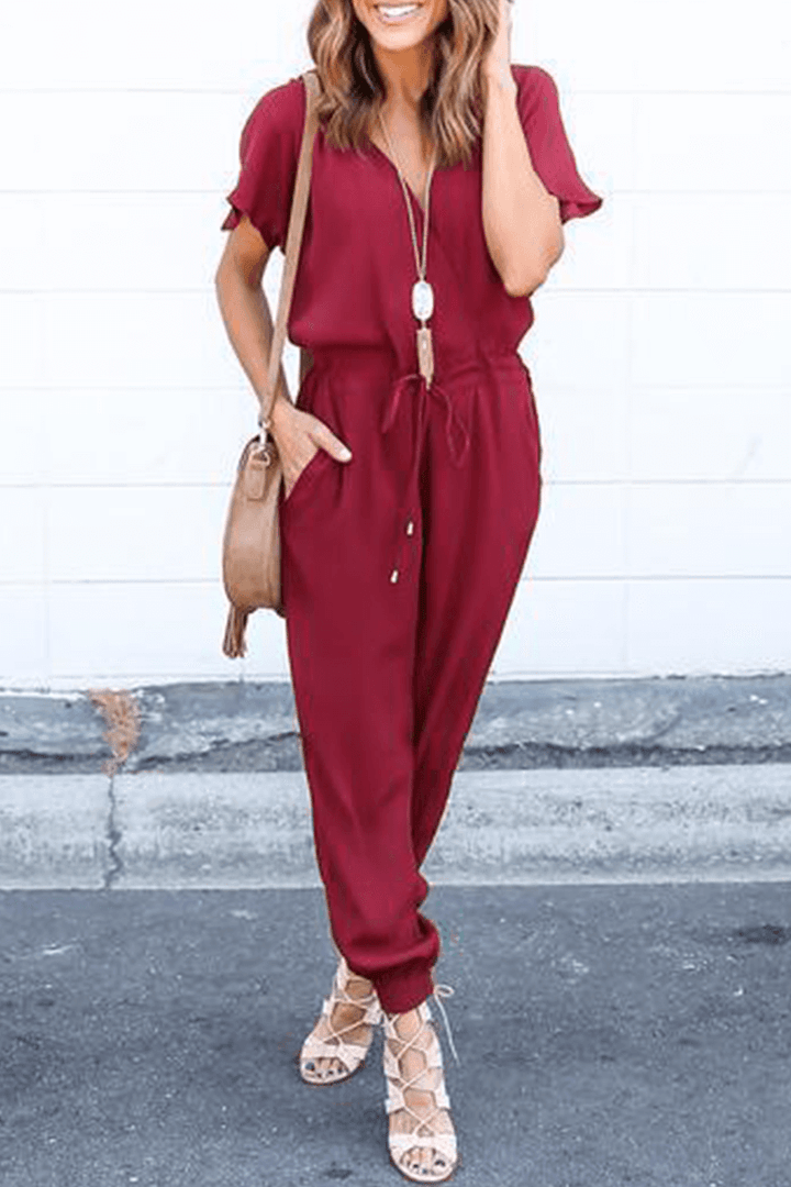 Women's V-Neck Wide Leg Jumpsuit with Crossed Straps