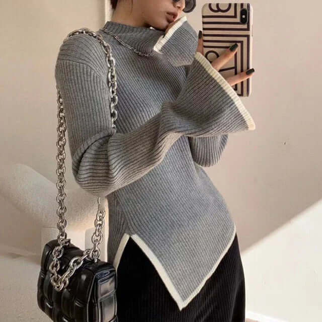 Women's Ribbed Turtleneck Knit Sweater, Long Sleeves, Asymmetric Hem