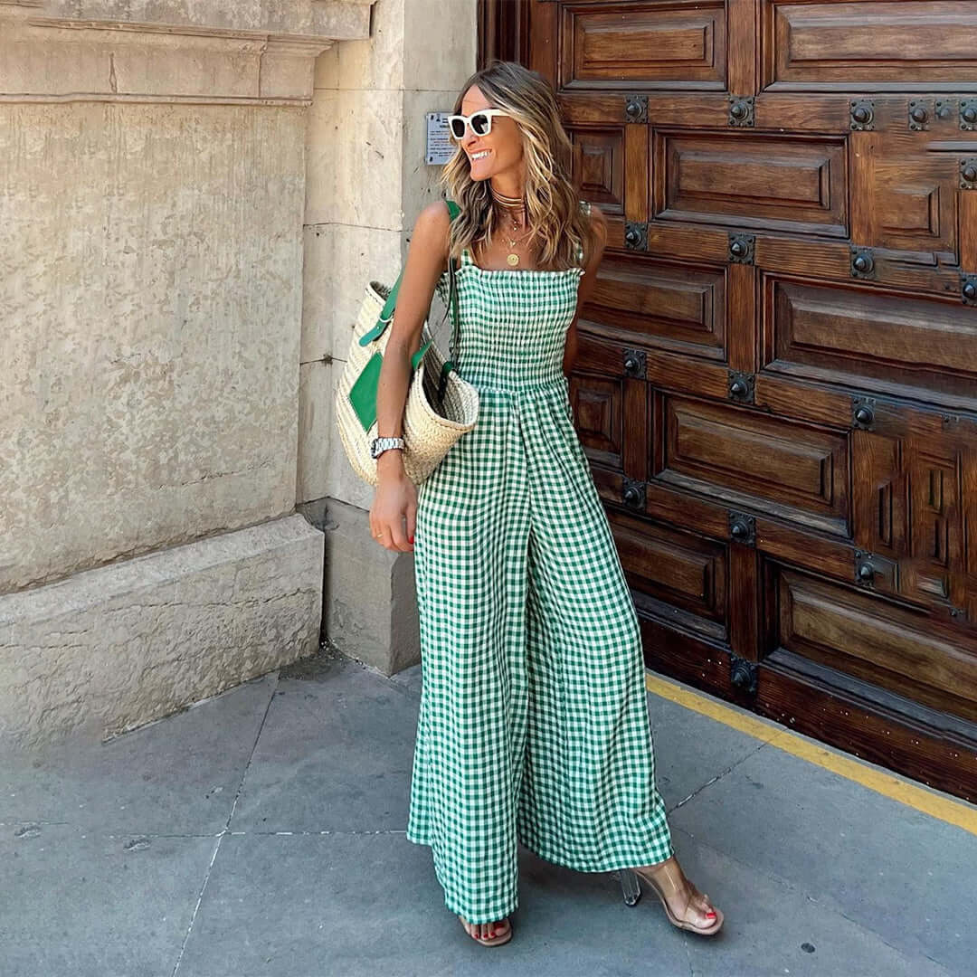 Women's Wide Leg Gingham Jumpsuit with Smocked Top