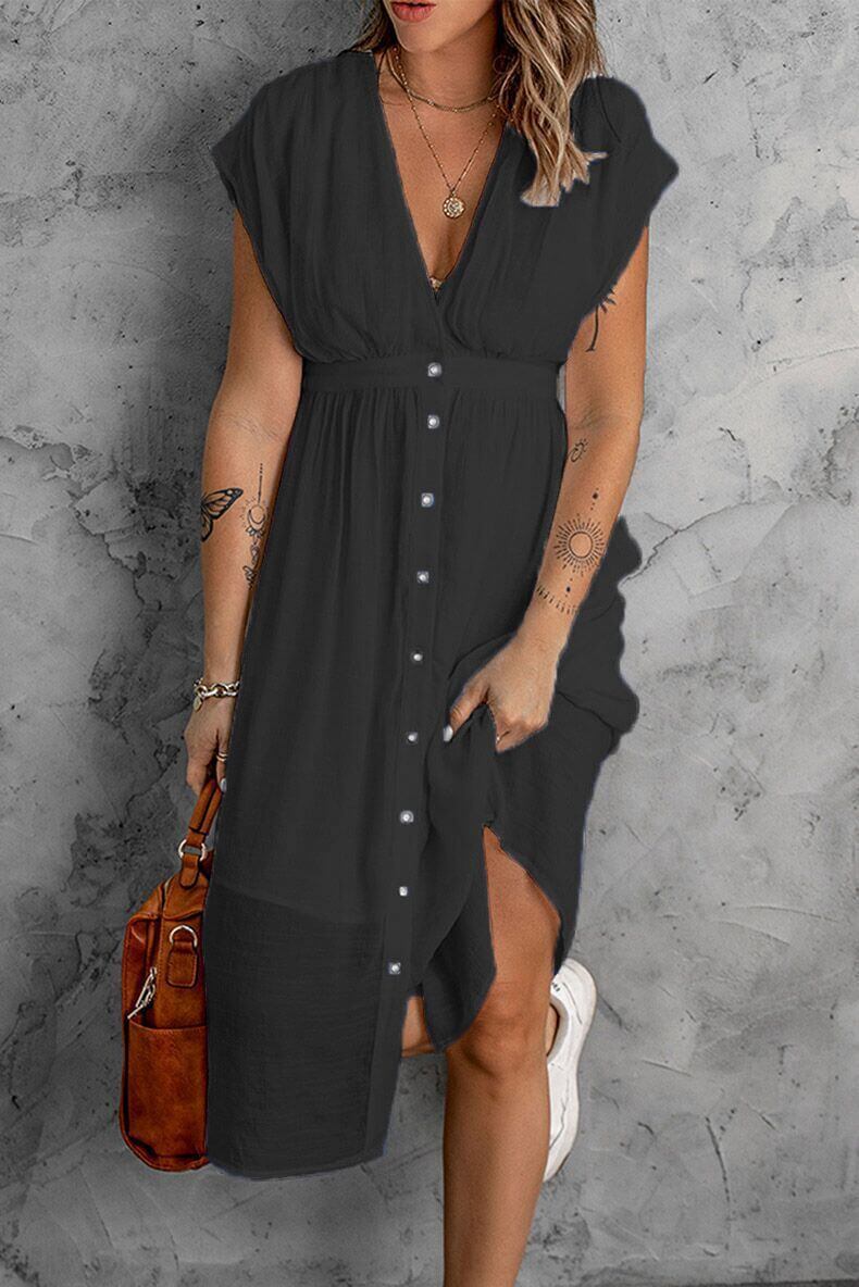 Elegant Deep V-Neck Sleeved Dress