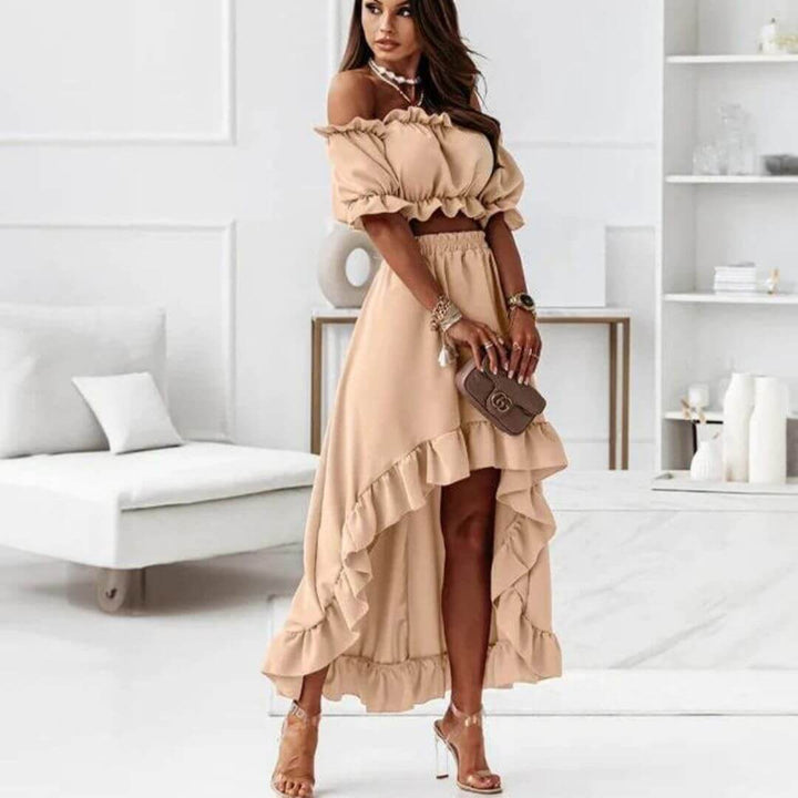 Women's Off-Shoulder Frill Trim Crop Top & Ruffle High-Low Skirt