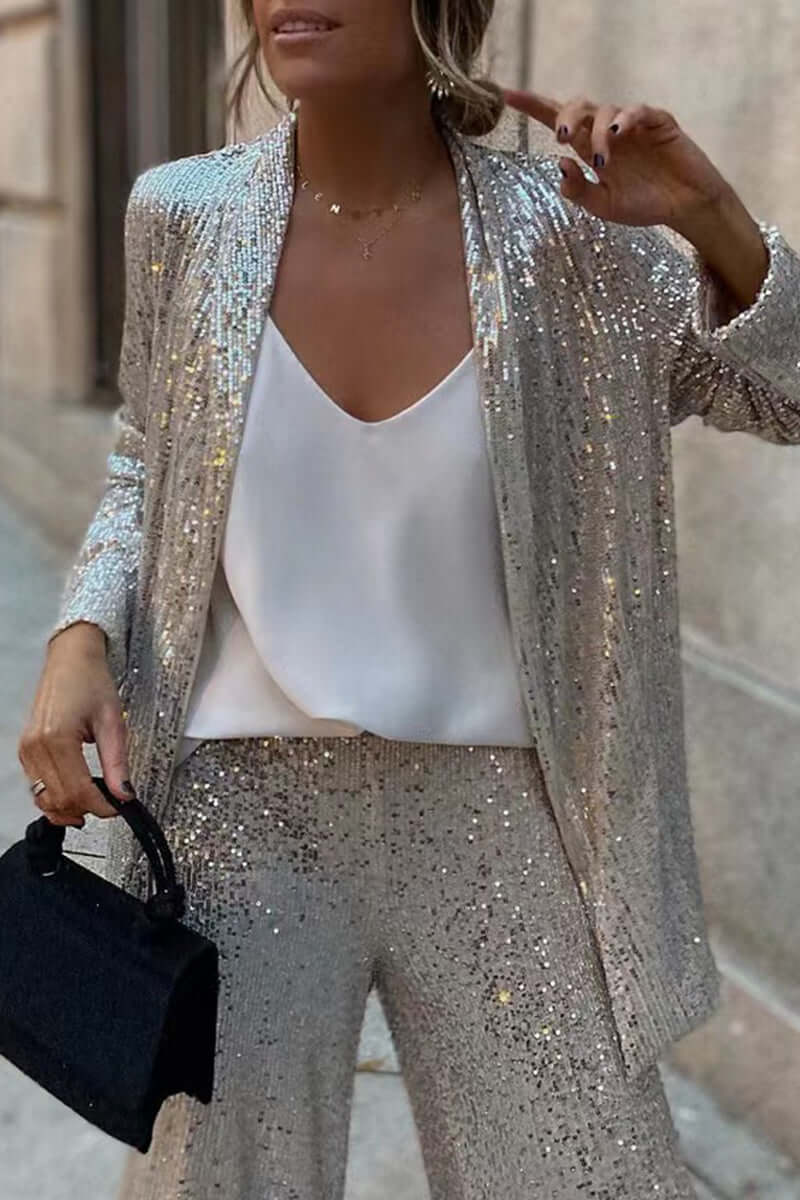 Women's Sequin Long Sleeve Suit & Pants Set