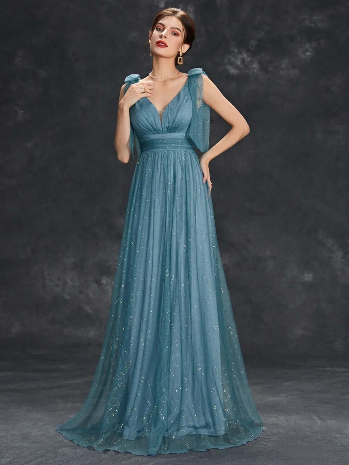 Elegant Floor-Length Evening Gown with Glitter