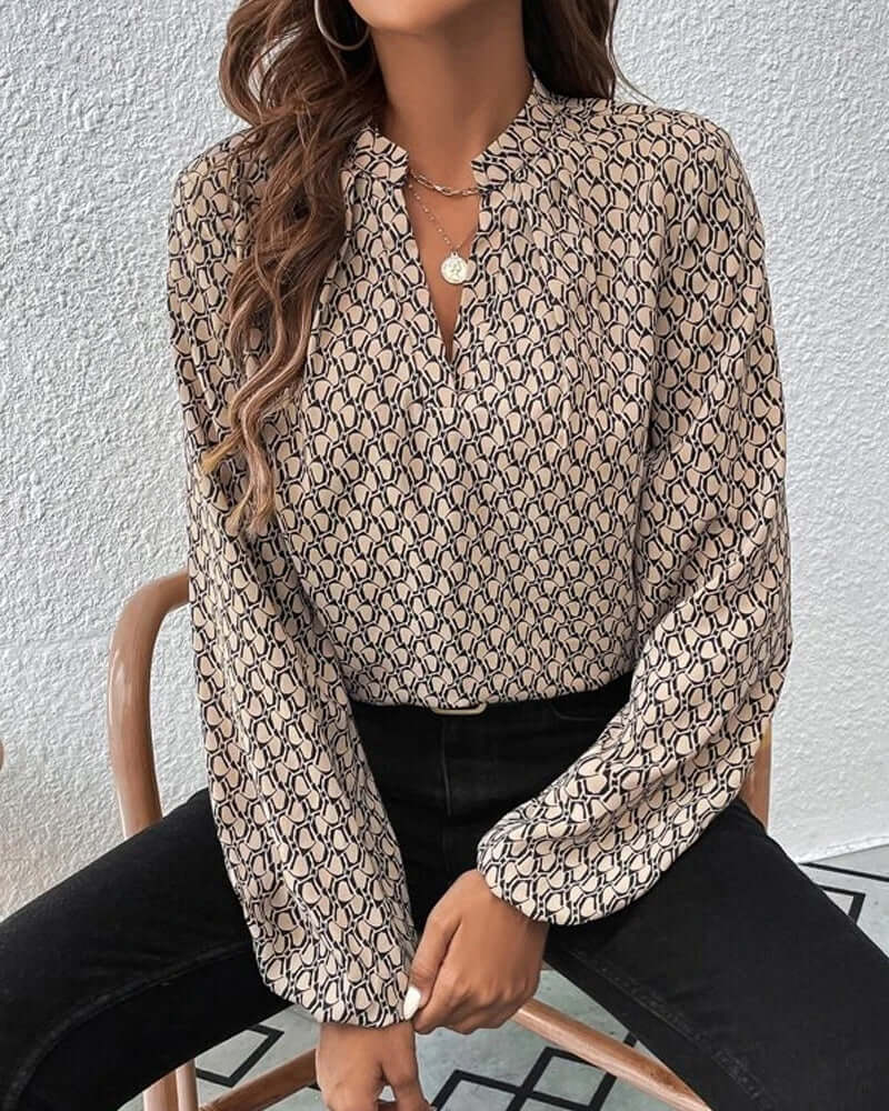 Women's Printed Long Sleeve V-Neck Blouse