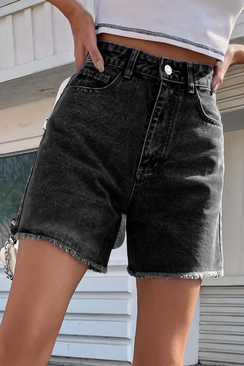 Women's Denim Shorts: Raw Hem, Solid Color